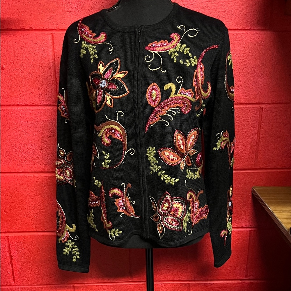 Elegant Black Embroidered Sweater Talbots Large